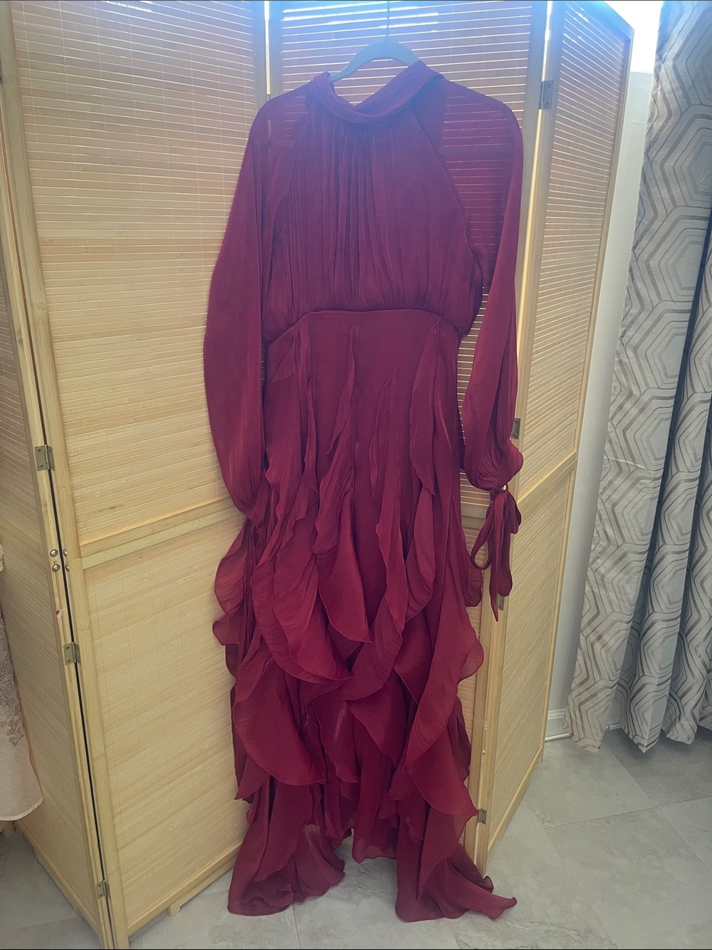Ruffled Burgundy Long-Sleeve Maxi Dress